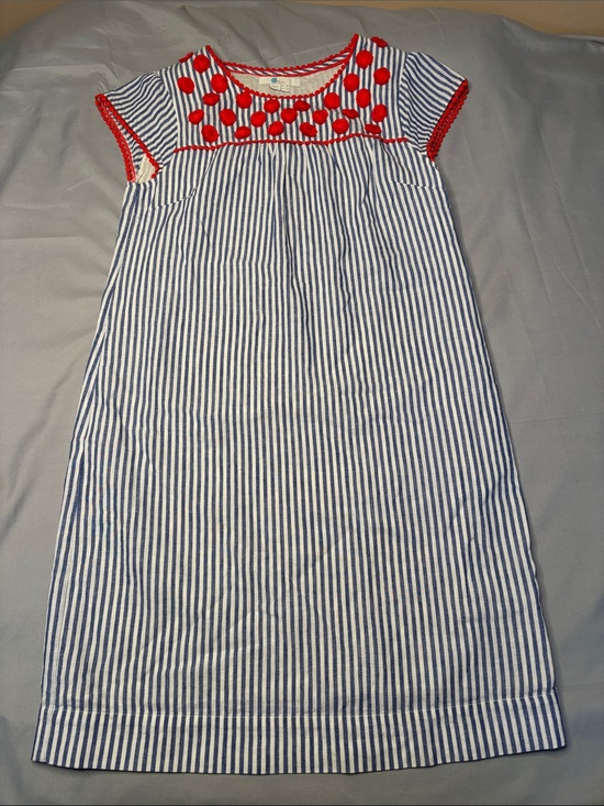 Boden Dresses & Skirts - Boden Blue and White Striped Dress with Red Pom Accents Size 2 2R